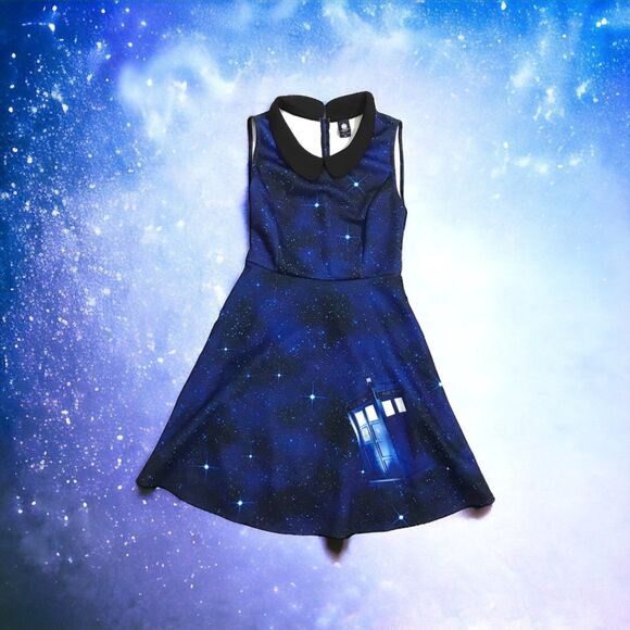 Dr. Who Galaxy Tardis Dress A Line Sleeveless Peter Pan Collar Blue Sz S - Picture 2 of 7